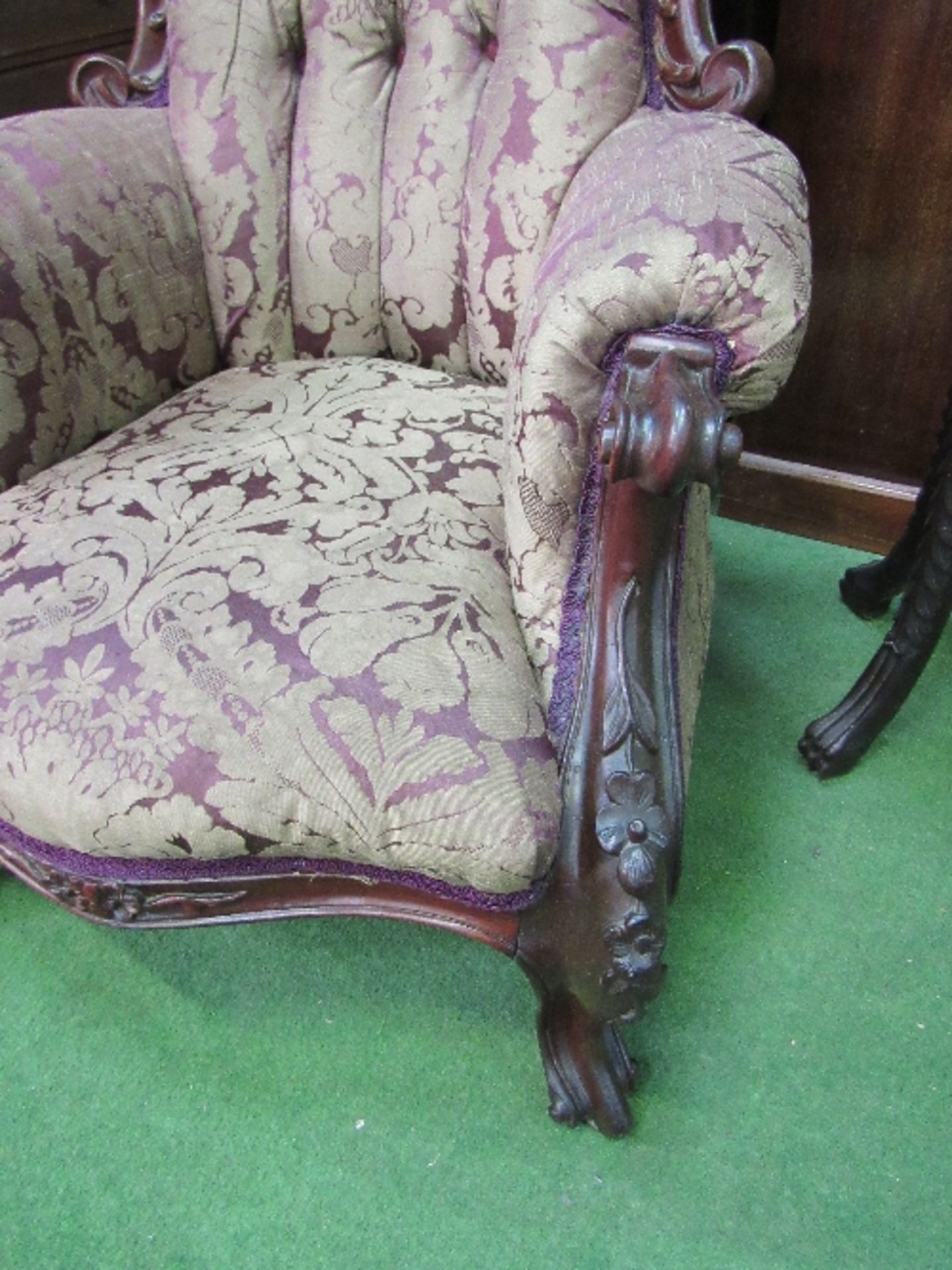 Victorian carved mahogany framed lady's armchair, upholstered in original button back fabric. - Image 2 of 5