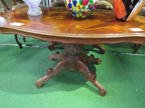 Inlaid shaped top coffee table on pedestal to 4 shaped & carved legs. Estimate £20-30 - Image 2 of 3