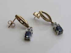 9ct gold, sapphire & diamond drop earrings. Estimate £90-100