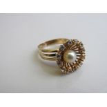 18ct pearl and white stone floral ring, weight 6.0gms. Est £150-160