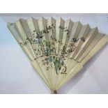 Antique fan with bone end sticks & hand-painted silk panel. Estimate £30-40