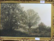 Framed oil on canvas of stream with figures, signed. Estimate £20-30