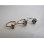 9ct gold green and white stone set ring, weight 2.0gms size N, silver coloured ring set with blue