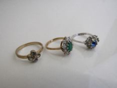 9ct gold green and white stone set ring, weight 2.0gms size N, silver coloured ring set with blue
