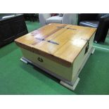 Large pine storage box cum low table with 2 lifting lids, 100 x 100 x 45cms.