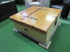Large pine storage box cum low table with 2 lifting lids, 100 x 100 x 45cms.