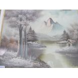 Framed & glazed oil on canvas of lake, forest & mountain scene signed Duncan. Estimate £20-30