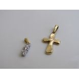 18ct gold and diamond pendant weight 1.6gms, 18ct gold pendant in the shape of a cross weight 3.