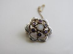 9ct gold amethyst, opal and diamond brooch, weight 3.3gms. Est £30-40
