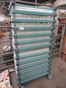 12 stacking trays in racking on casters