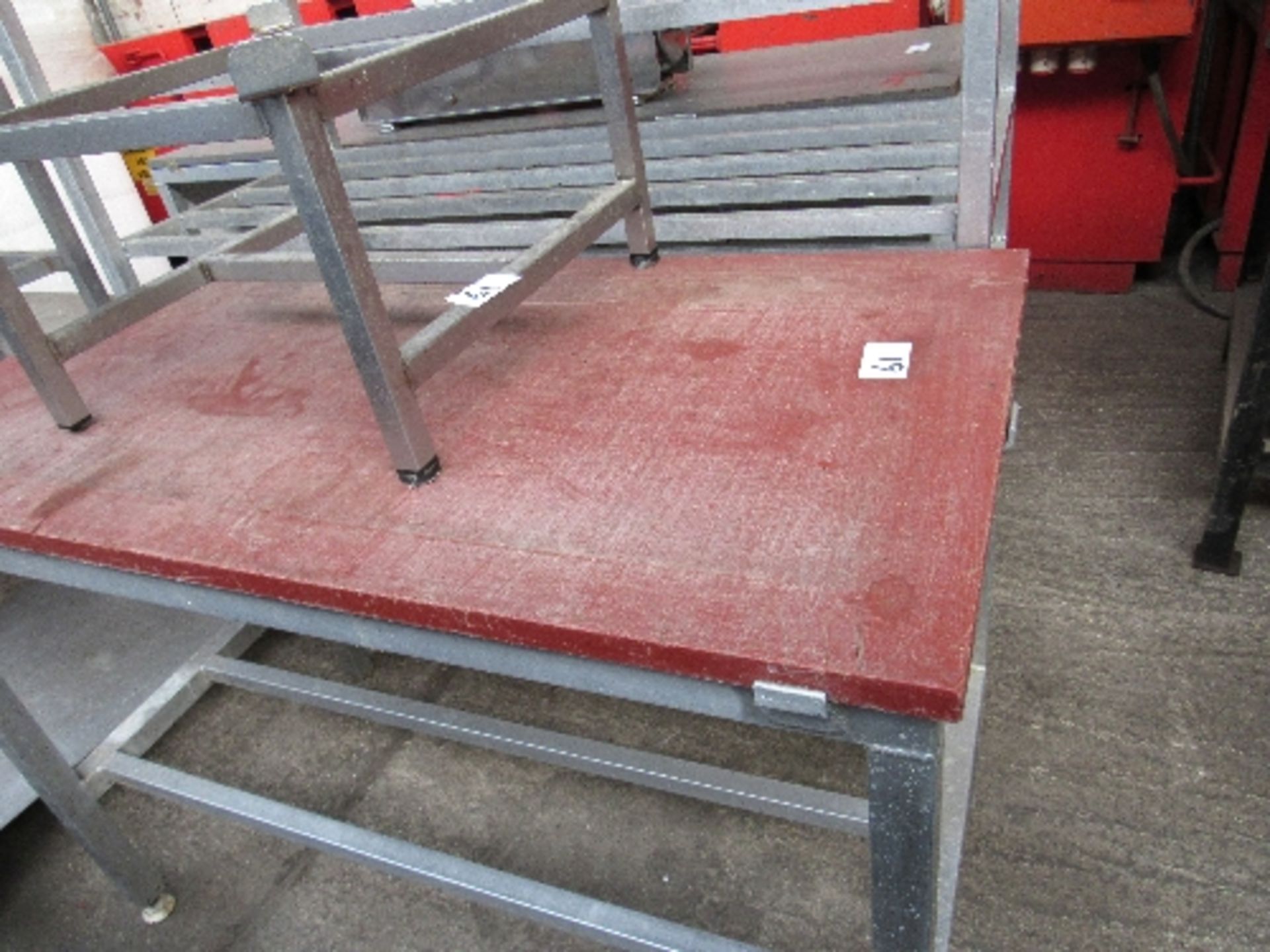 Preparation bench, 182 x 63 x 89cms; set of 6 railed shelves on casters, 132 x 61 x 140cms; table - Image 2 of 4