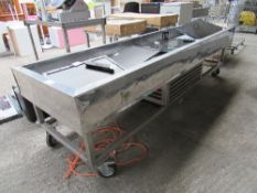 Stainless steel refrigerated display trough on casters, 267 x 82 x 73cms