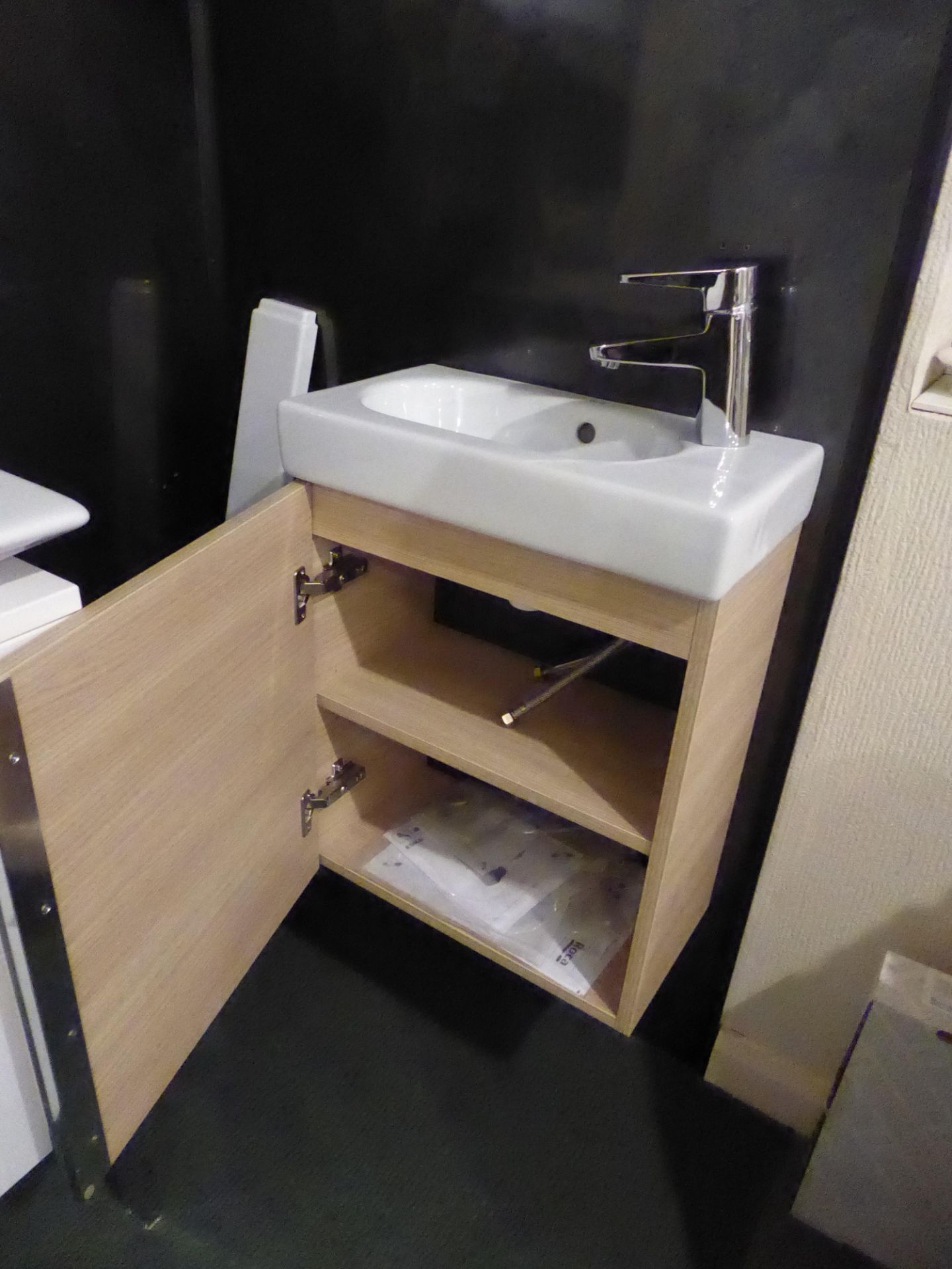 Roca mini cloakroom set in Oak with cupboard basin and mirrored cabinet - Image 2 of 3