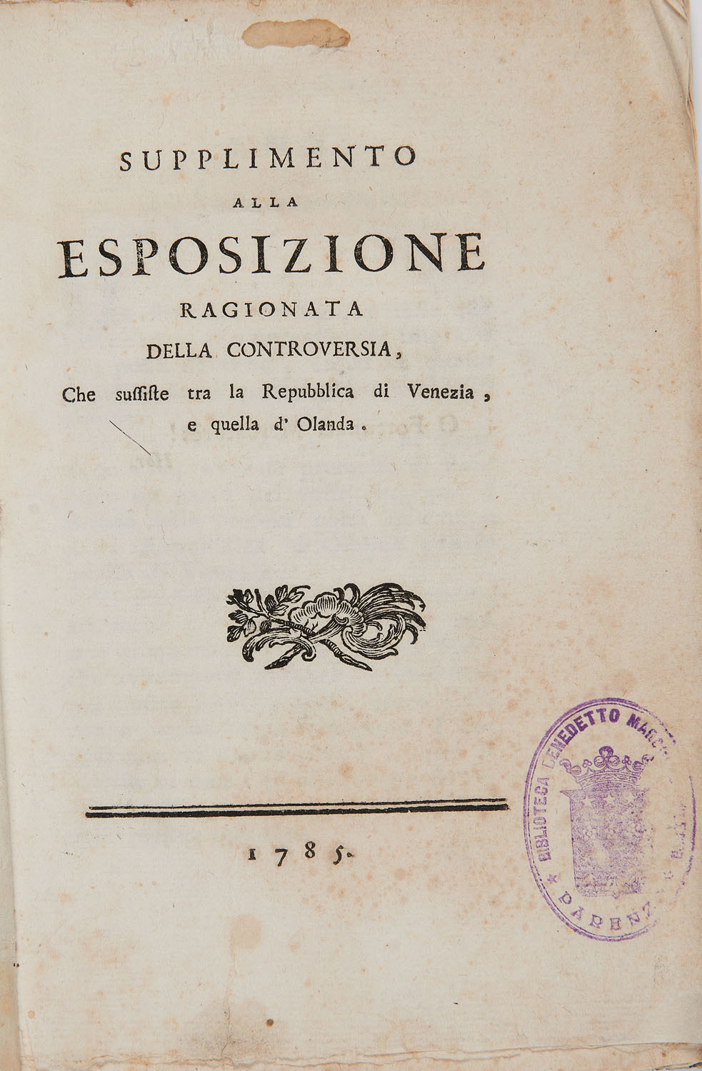 CASANOVA, Giacomo (1725-1798) - Supplimento alla Esposizione ragionata della controversia che