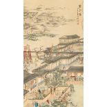 A painting depicting a landscape with pavilions, dated 1976 and signed Han Zong Xiang (defects)