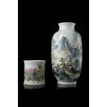 An ovoid-body vase decorated with a landscape scene, seals and calligraphy together with a