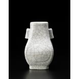 A crackleware porcelain vase, of archaistic shape, hu, of lobed rectangular section with twin