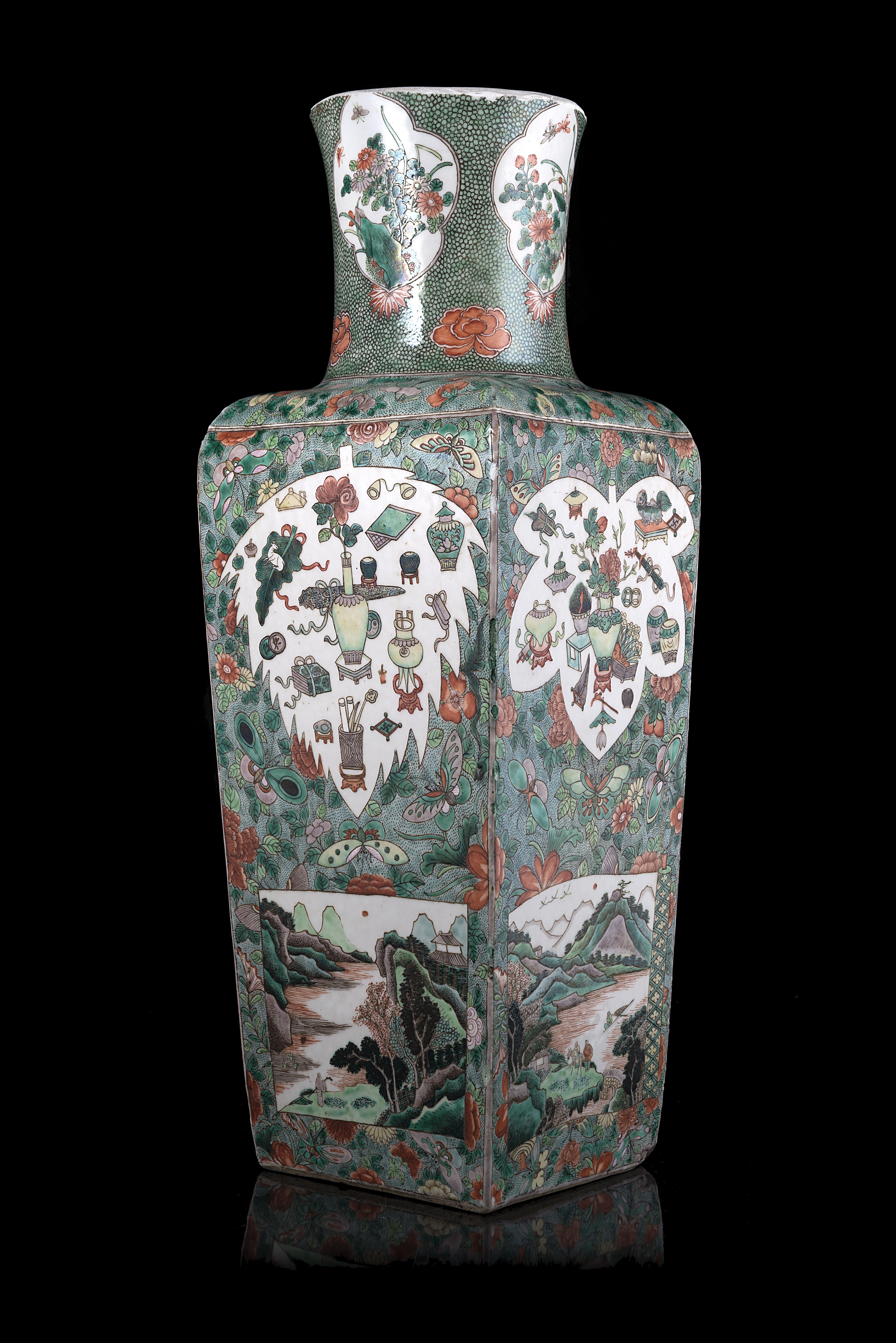 A rectangular-shaped Famille Verte vase decorated with shaped panels and the 'hundred antiques'