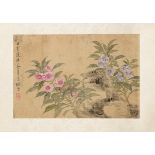 Two paintings in ink and colours on silk, one depicting carps and a flowering cherry branch, the