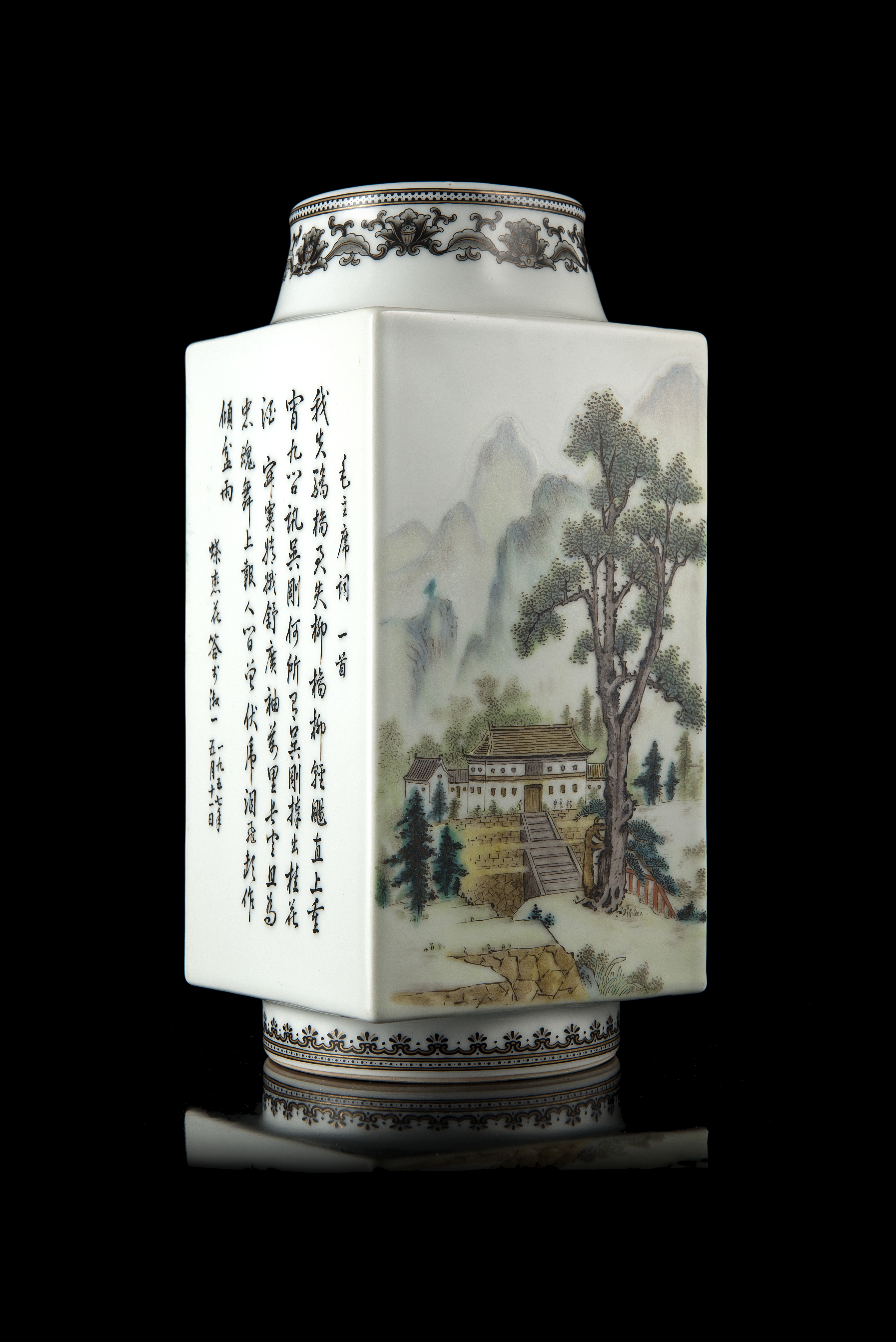 A cong vase decorated in polychrome enamels with a landscape scene and a poem composed by Mao