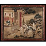 Four paintings, ink and colours on paper, depicting leasurely scenes, mounted on cloth, framed (