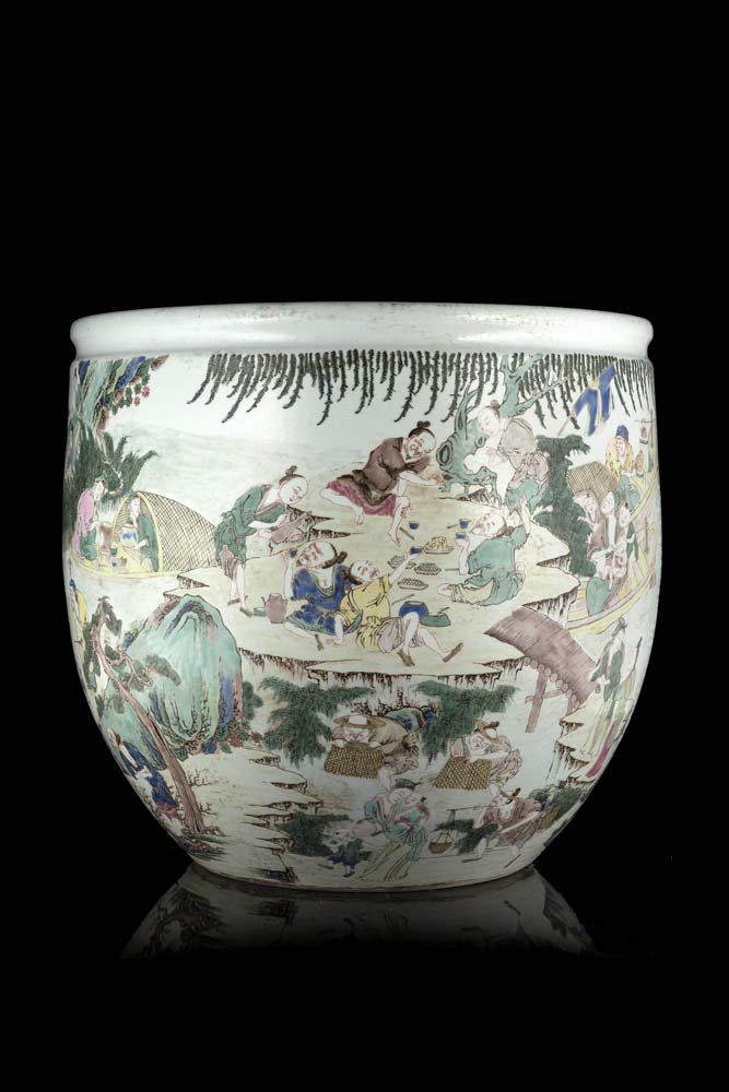 A large Famille Verte fishbowl, decorated with a continuous scene of fishermen by the riverChina,