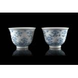 A pair of Ming-style blue and white cups decorated with branches and lingzhi fungus, apocryphal