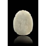 A celadon jade plaque decorated with auspicious charactersChina, 20th century(l. max 6.2 cm.)