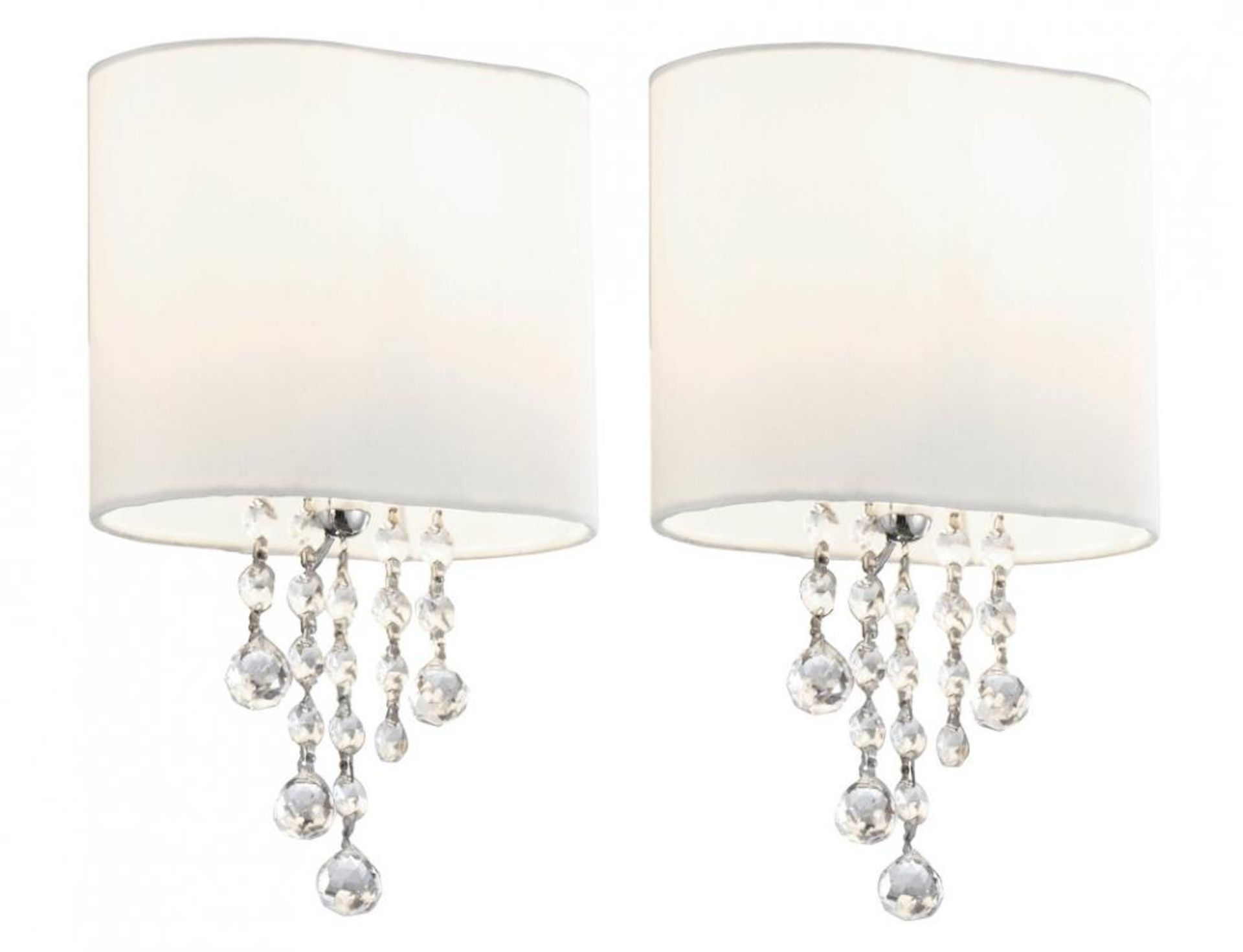 2 x Nina Chrome Wall Lights With Crystal Beads & White Fabric Shade - New Boxed Stock - CL323 - Ref: