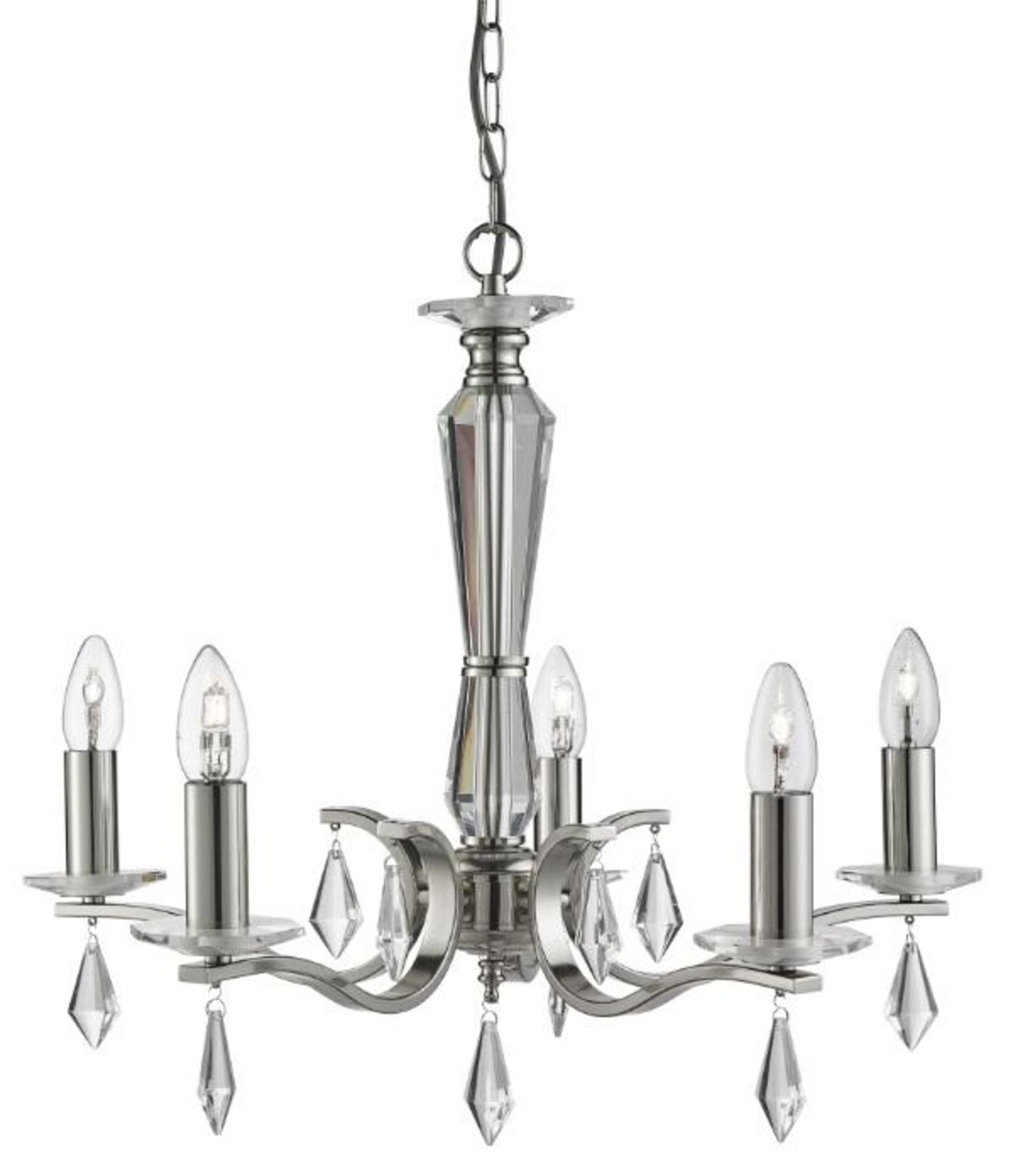 1 x Royale Satin Silver Metal 5-Light Ceiling Fitting With Hexagonal Glass Sconces - New Boxed Stock