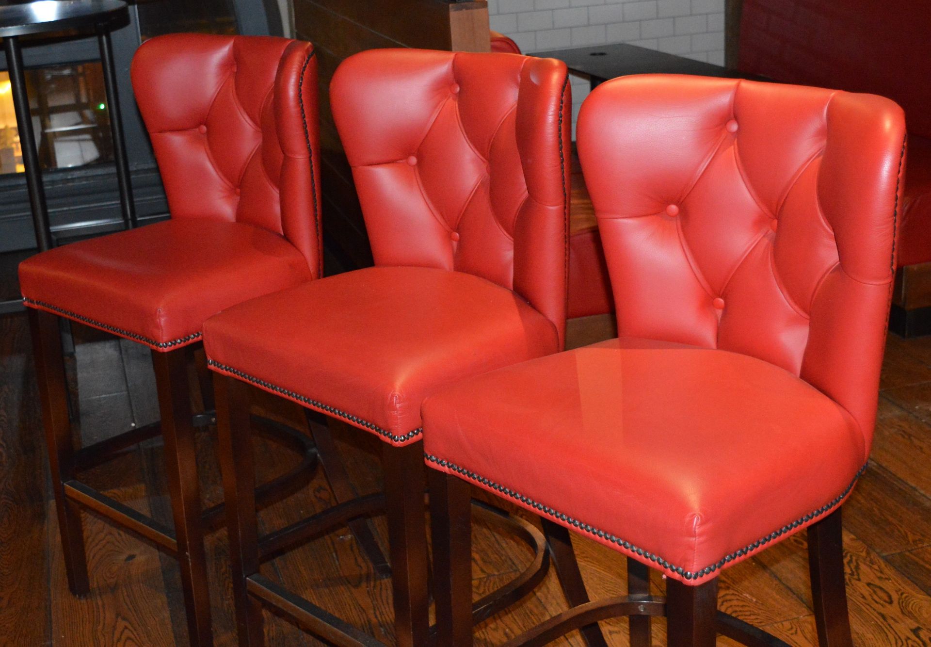 4 x Buttoned Back Bar Stools With Red Leather Upholstery - H113/76 x W49 x D50 cms - Image 2 of 6