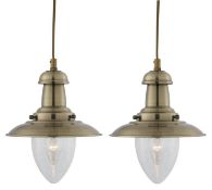 A Pair Of Fisherman Pendant Light Fittings With Oval Seeded Glass Shades - Antique Brass Finish - Ne