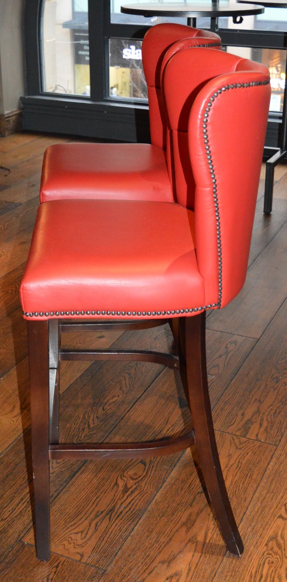 4 x Buttoned Back Bar Stools With Red Leather Upholstery - H113/76 x W49 x D50 cms - Image 5 of 6