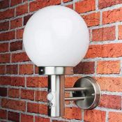 1 x Globe Outdoor Wall Light With PIR Motion Sensor - Stainless Steel With Polycarbonate Shade - IP4