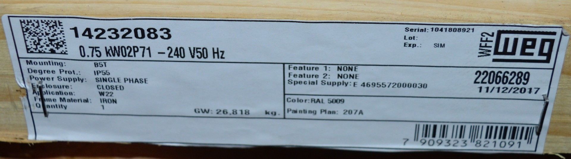 1 x Weg W22 240v IP55 Single Phase Electric Motor - New and Boxed - CL295 - Location: Altrincham - Image 3 of 8