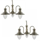 2 x Fisherman Antique Brass 3 Light Fittings With Oval Seeded Glass Shades - New Boxed Stock - CL323