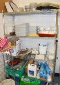 1 x Wire Shelving Rack With Contents - Contents Include Knives, Plates, Salt and Pepper Pots, Dishes