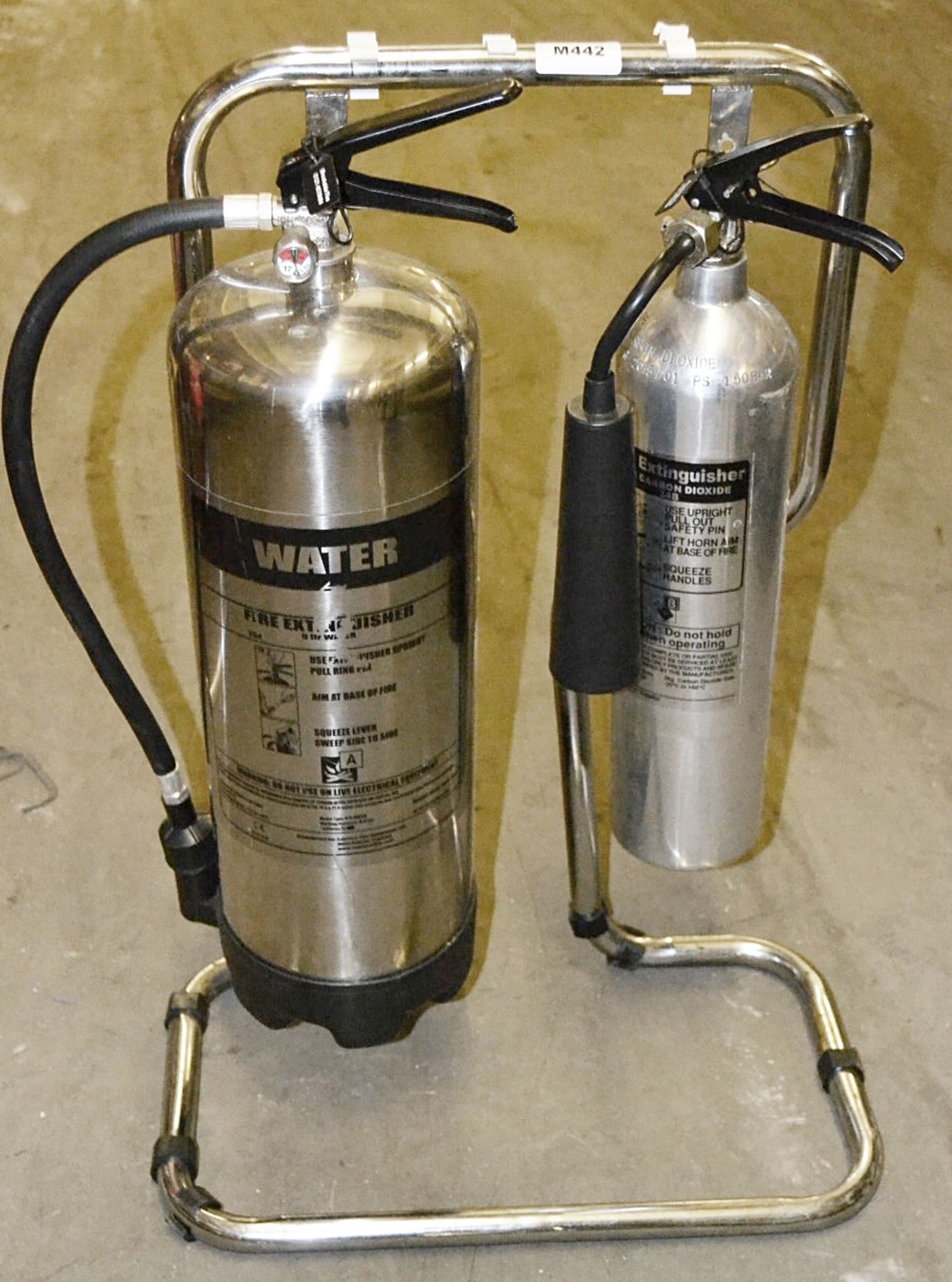 2 x Fire Extinguishers With Chrome Stand - Includes Water and Carbon Dioxide Extinguishers (Both Sea