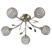 1 x Bellis II Antique Brass 5 Light Fitting With Clear Glass Metal Shades and Leaf Decoration -