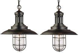 2 x Fisherman Black & Gold Pendant Lights With Caged Seeded Glass Shade - New Boxed Stock -