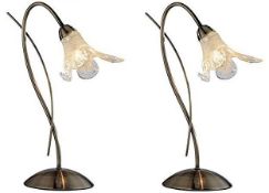 2 x Lily Antique Brass Table Lamps 340mm Height With Glass Shade - New Boxed Stock - CL323 - Ref: 44