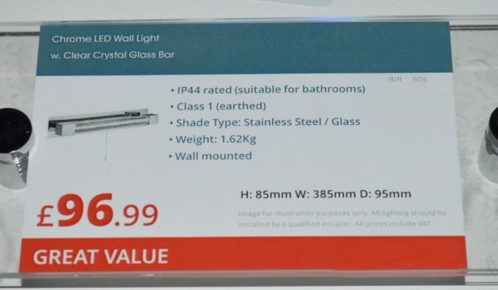 1 x Chrome LED Wall Light With Clear Crystal Glass Bar Diffuser - LED With Handy Pull Cord Switch - - Image 2 of 6