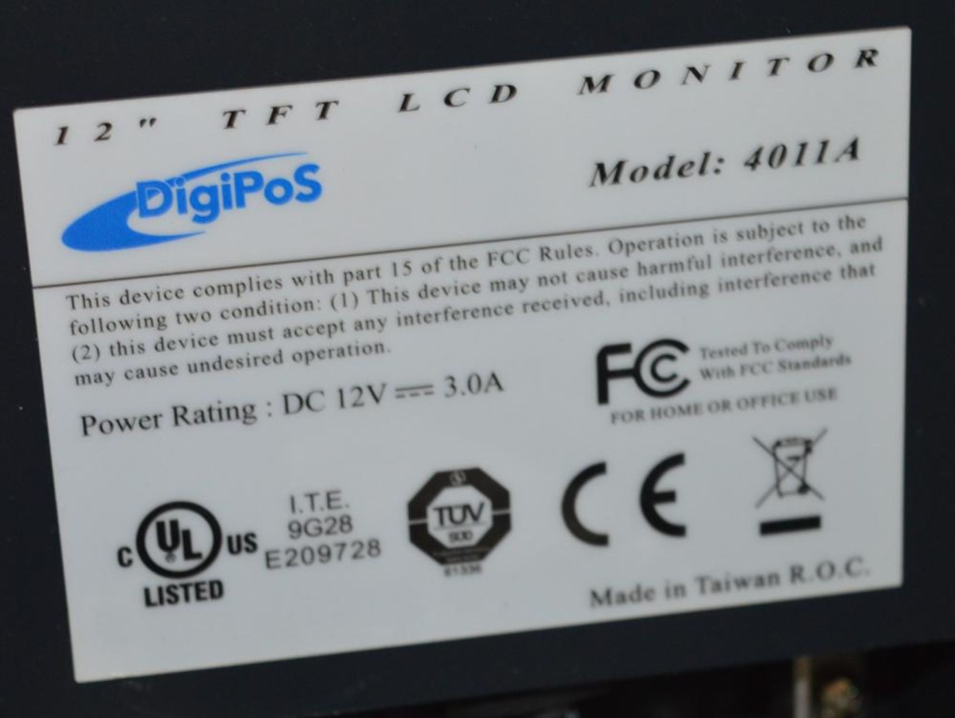 1 x Digipos 12 Inch TFT LCD Monitor - Model 4011A - CL285 - Ref J729 - Location: Altrincham WA14 - Bild 2 aus 2