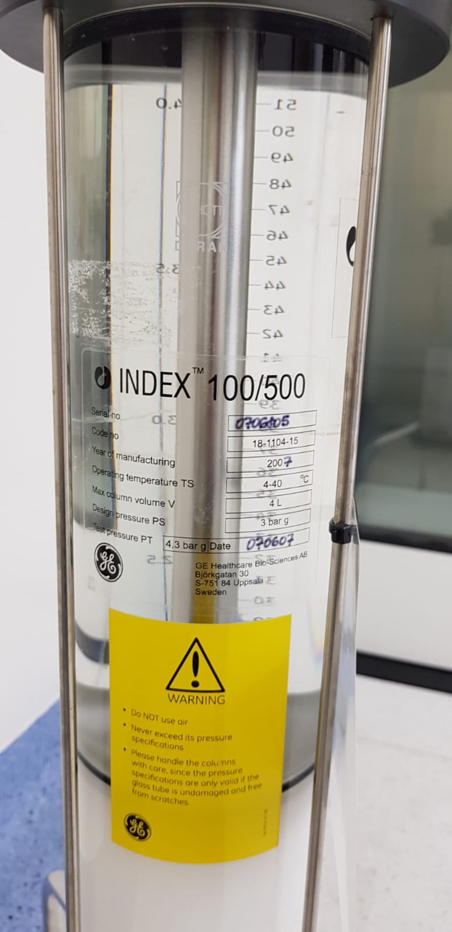 1 x GENERAL ELECTRIC INDEX 100/500 Glass Chromatography Column With Stainless Steel Stand - 0706805 - Bild 2 aus 2