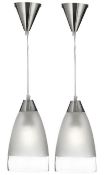 A Pair Of Satin Silver Pendant Light Fittings With Domed Clear & Frosted Glass Shades - New Boxed St