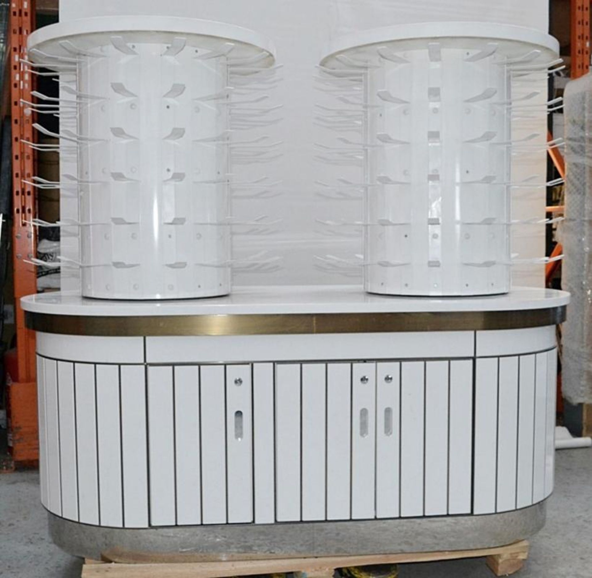 2 x Curved Cosmetics Shop Counters With Revolving Carousels In White - Recently Removed From Harrods - Image 7 of 8