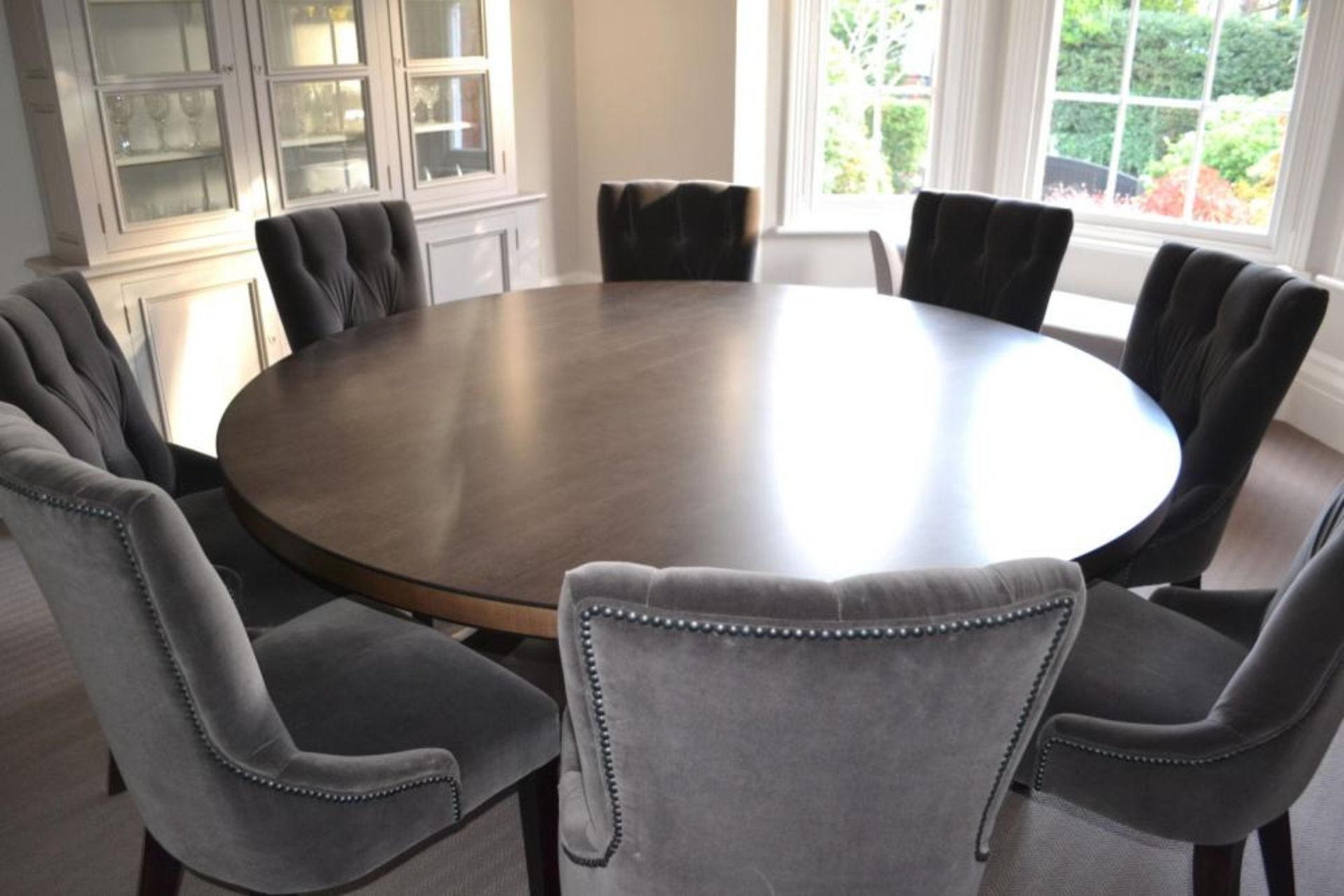 1 x Bespoke Round Dining Table With Sycamore Wood Finish - Includes Set of Six Grey Button Back - Image 8 of 20