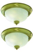 2 x Antique Brass Flush Light Fittings With Opal Glass Diffusers - New Boxed Stock - CL323 - Ref: 76