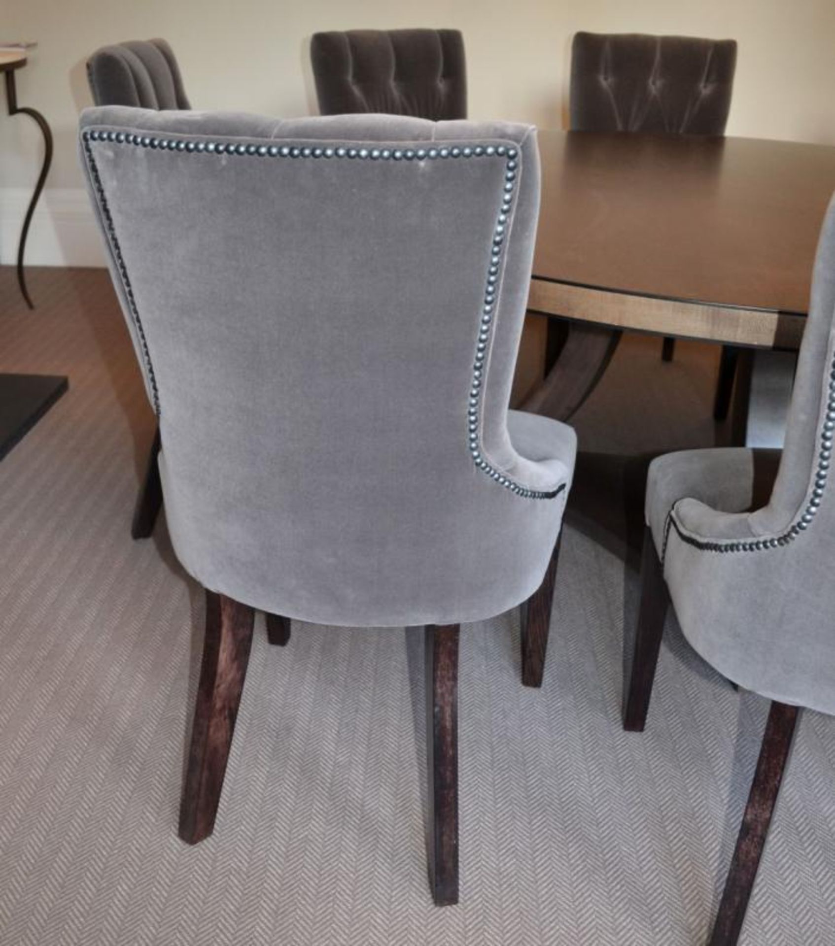 1 x Bespoke Round Dining Table With Sycamore Wood Finish - Includes Set of Six Grey Button Back - Image 14 of 20