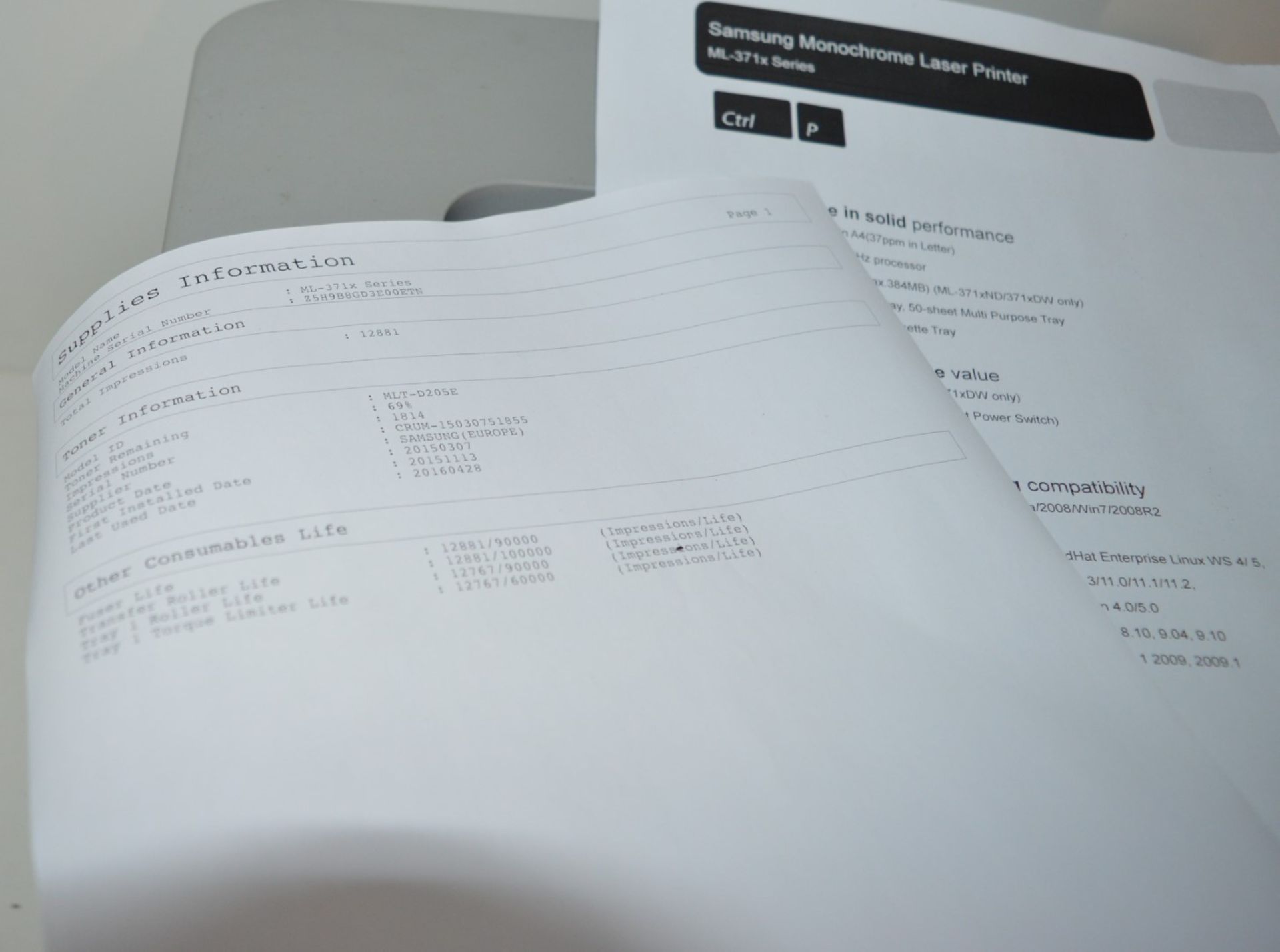 1 x Samsung ML-3710ND Mono Laser Printer - 69% Toner Capacity - Tested and Working - Please See Test - Image 4 of 4